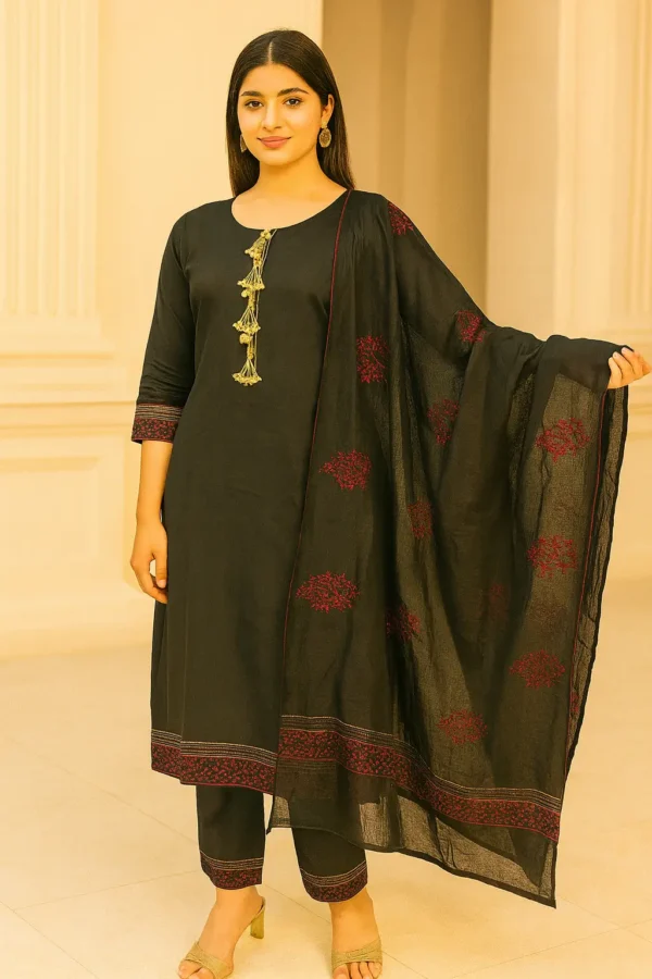 Black Elegance Kurta Pant Dupatta Set with Golden Detailing