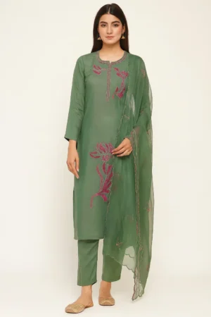 KPD-176-1 Green Floral Embroidered Kurta Pant Dupatta Set