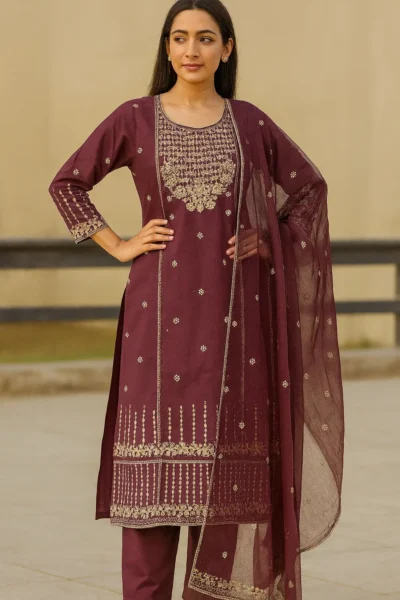 KPD-178-1 Elegant Maroon Embroidered Kurta Pant Dupatta Set