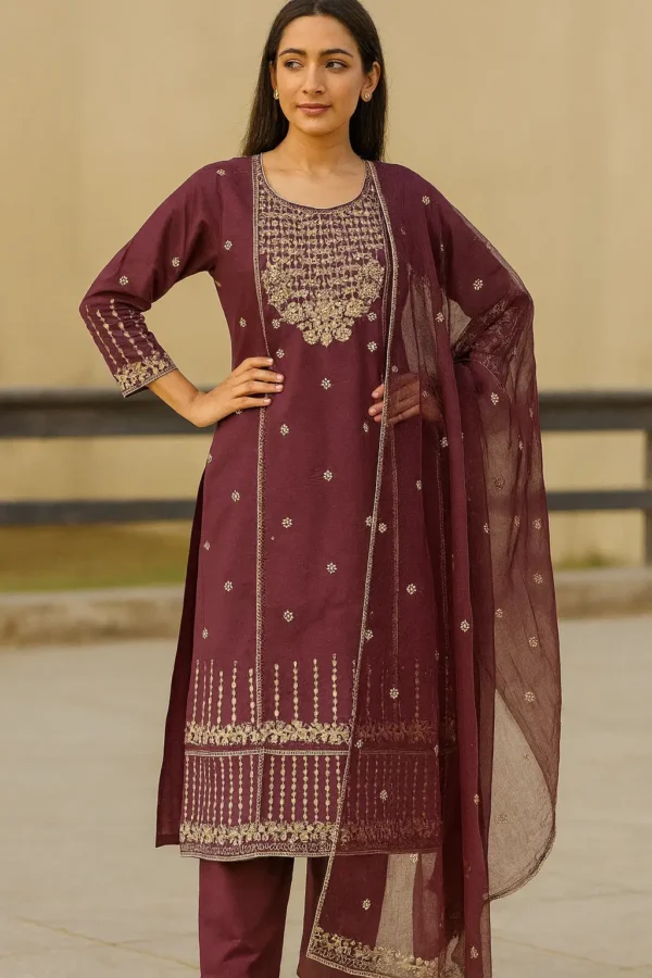 Elegant Maroon Embroidered Kurta Pant Dupatta Set