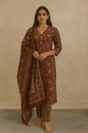 KPD-179-1 Maroon Floral Printed Cotton Suit Set with Dupatta