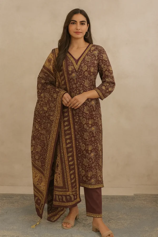 Maroon & Beige Floral Printed Cotton Suit Set