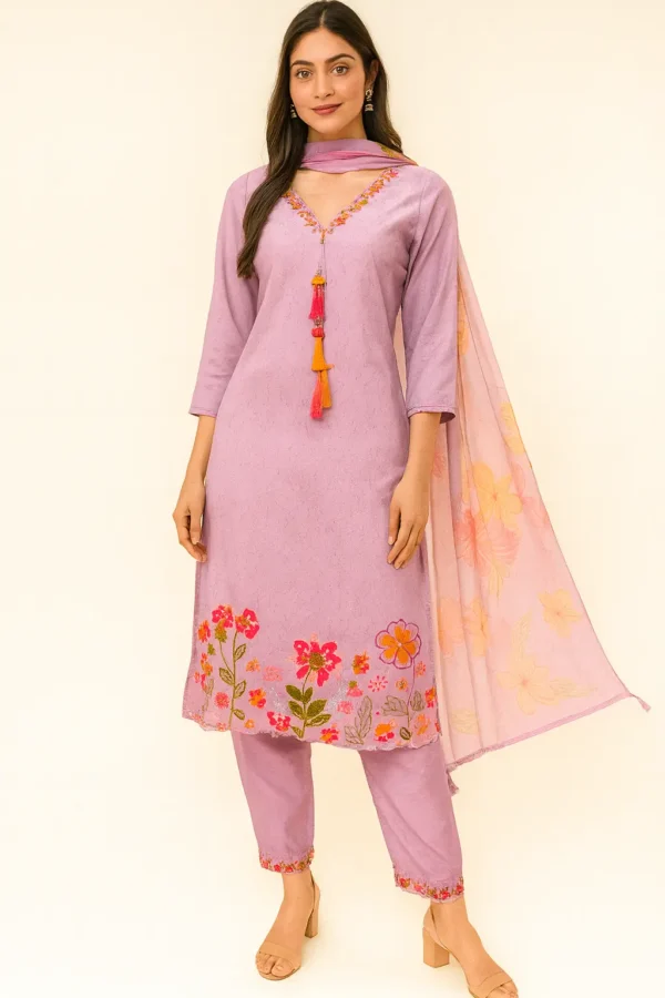 Lavender Muslin Floral Embroidered Suit Set
