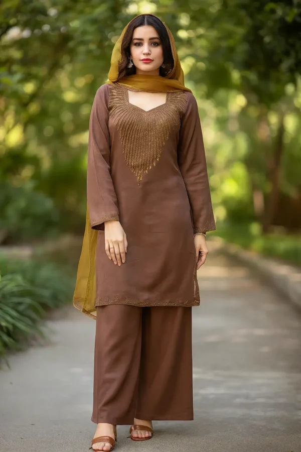 Brown Shimmer Fabric Embroidered Suit