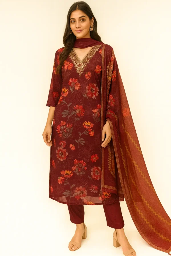 Maroon Floral Embroidered Muslin Suit Set