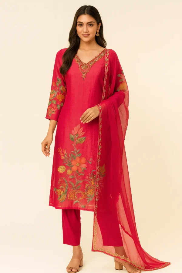 Elegant Pink Floral Embroidered Shimmer Fabric Suit