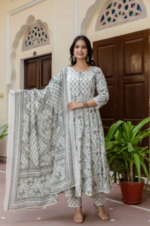 KPD-202-2 Elegant Cotton Cambric Anarkali Kurta Pant with Dupatta Set