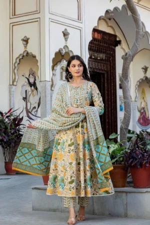 KPD-203-2 Floral Anarkali Kurta Pant with Dupatta – Cotton Cambric
