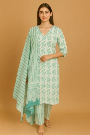KPD-210-1 Aqua Blue Printed Cotton Suit Set