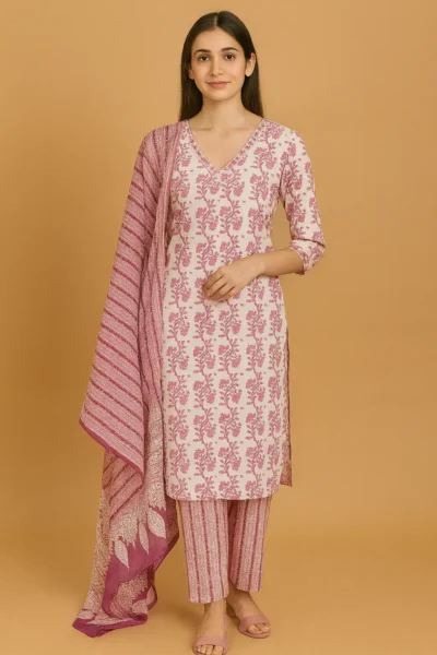 KPD-211-1 Elegant Handblock Print Cotton Suit Set