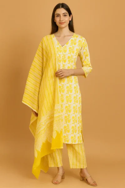 KPD-212-1 Yellow Floral Printed Cotton Suit Set