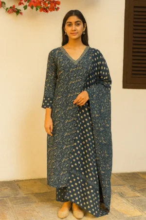 KPD-213-1 Blue Floral Printed Cotton Kurta Pant with Dupatta