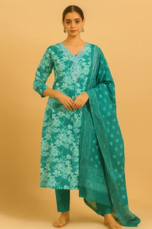 KPD-214-1 Teal Blossom Cotton Kurta Pant Dupatta Set