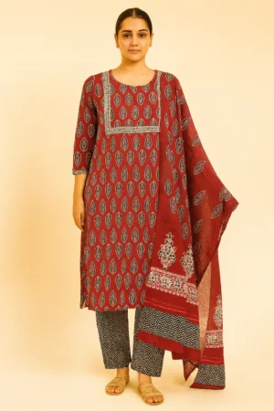 Maroon Leaf Print Cotton Suit Set