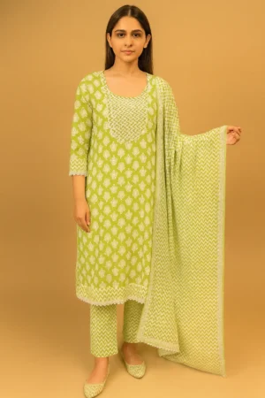 Green Floral Printed Cotton Kurta Set