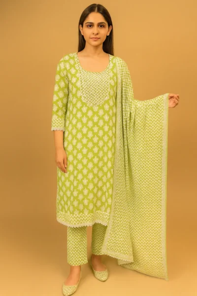 KPD-216-1 Green Floral Printed Cotton Kurta Set