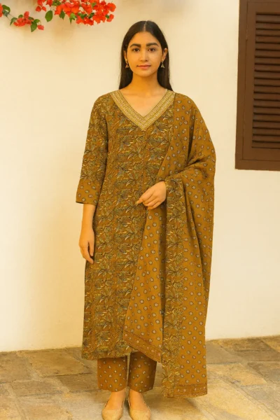 KPD-217-1 Elegant Mustard Floral Cotton Kurta Pant Set with Dupatta