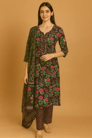KPD-218-1 Black Floral Cotton Suit Set