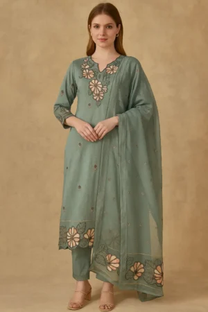 KPD-219-1 Pastel Blue Floral Embroidered Suit Set