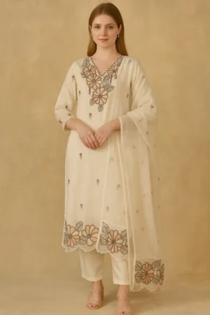KPD-220-1 Elegant Floral Embroidered Suit Set – Off White