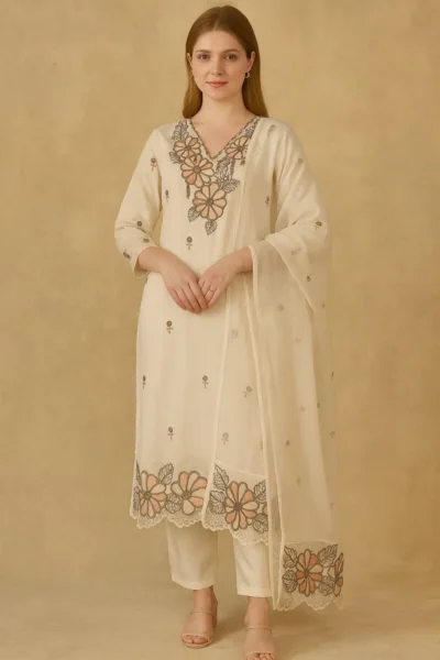 KPD-220-1 Elegant Floral Embroidered Suit Set – Off White