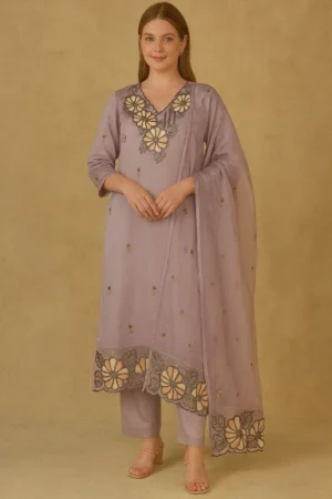 KPD-222-1 Embroidered Floral Kurta Pant Dupatta Set – Lavender