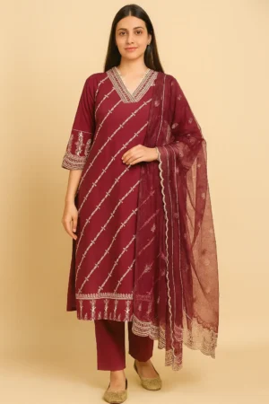 KPD-227-1 Heavy Rayon Embroidered Kurta Pant Dupatta Set