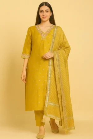 KPD-230-1 Mustard Yellow Jacquard Silk Embroidered Suit Set