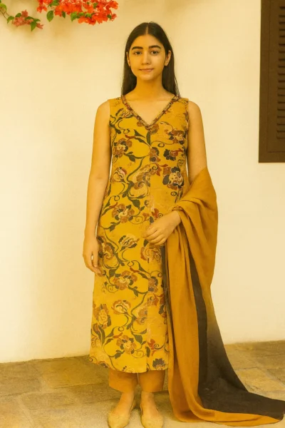 KPD-234-1 Yellow Floral Half Sleeve Rayon Cotton Kurta Pant Dupatta Set