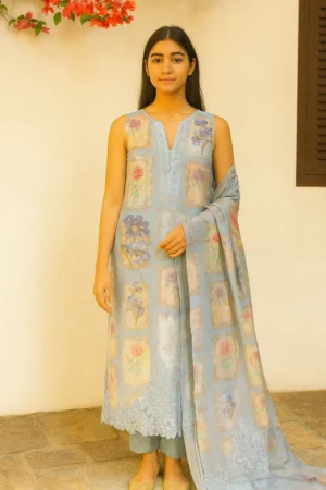 Sky Blue Floral Print Rayon Cotton Kurta Pant Dupatta Set