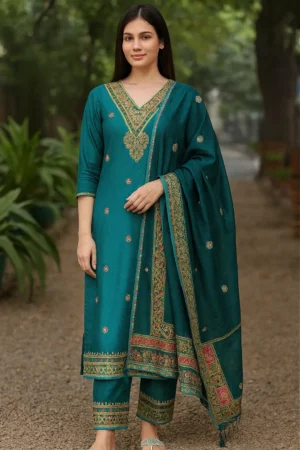 KPD-238-1 Teal Blue Silk Embroidered Suit with Dupatta