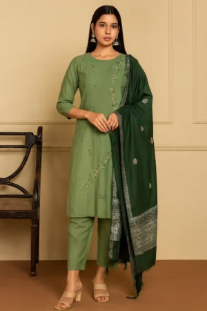KPD-239-1 Elegant Green Silk Embroidered Suit with Contrasting Dupatta