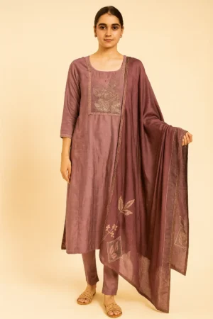 KPD-240-1 Shimmer Silk Embroidered Kurta Pant Dupatta Set – Wine Shade