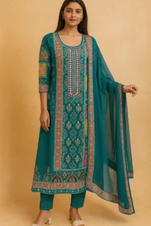 KPD-245-1 Elegant Teal Chinon Printed Kurta Pant with Dupatta