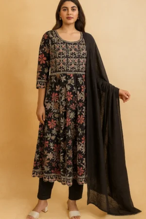 KPD-246-1 Elegant Black Muslin Floral Kurta Pant Dupatta Set