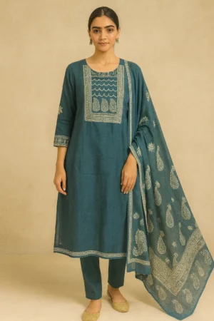 KPD-247-1 Teal Blue Cambric Cotton Kurta Set with Dupatta