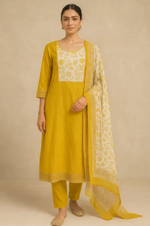 KPD-251-1 Yellow cambric cotton suit set