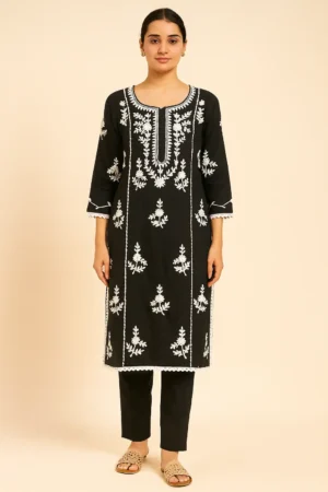 KPD-256-1 Black & White Embroidered Rayon Kurta Pant Set