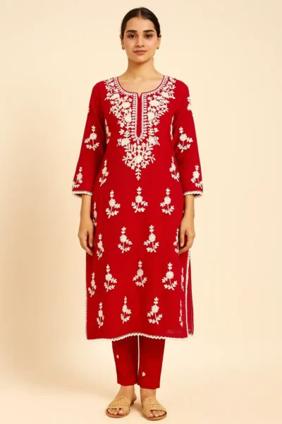 KPD-258-1 Red Rayon Embroidered Kurta Pant Set