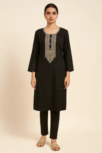 KPD-260-1 Elegant Black Vatican Silk Kurta Pant Set with Embellished Neckline