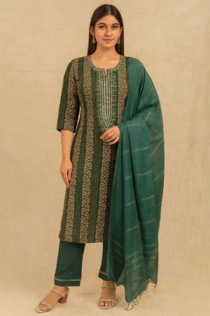 Elegant Dark Green Printed Rayon Kurta Set