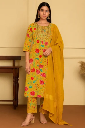 Floral Print Cotton Kurta Pant Dupatta Set