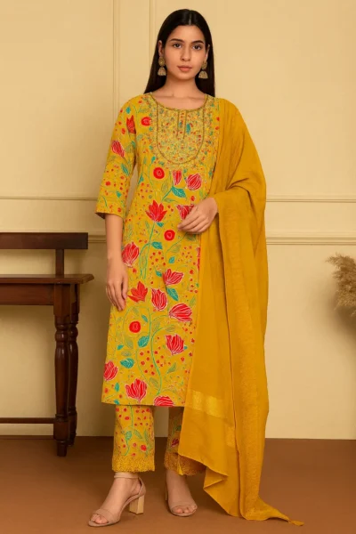KPD-269-1 Floral Print Cotton Kurta Pant Dupatta Set