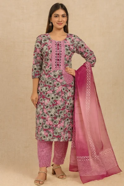 KPD-270-1 Floral Print Cotton Kurta Pant Dupatta Set