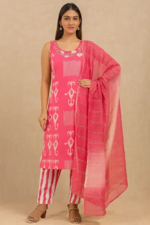 Sleeveless Pink Cotton Kurta Pant Dupatta Set