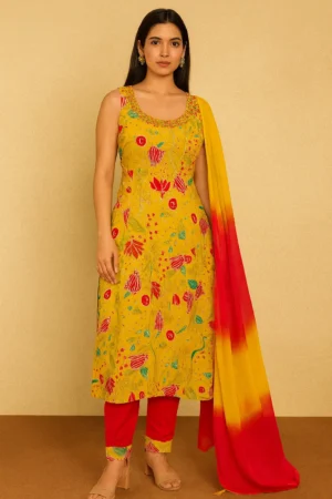 Yellow Printed Rayon Kurta Pant Dupatta Set