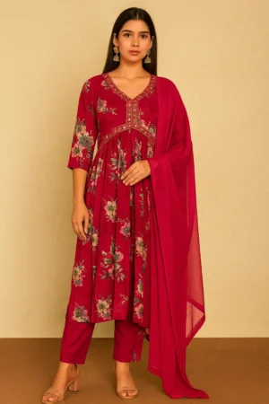 Floral Print Rayon Kurta Pant Dupatta Set – Red Elegance