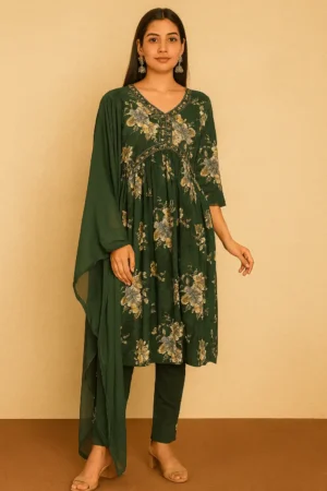 Elegant Floral Rayon Kurta Pant Dupatta Set – Green