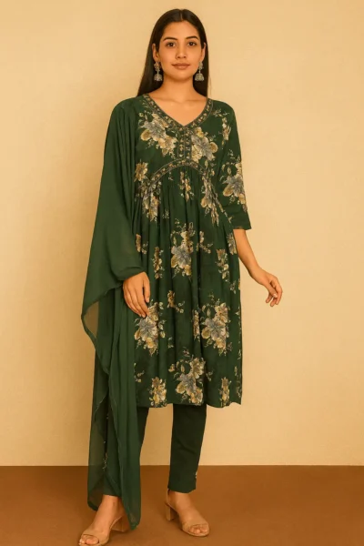 KPD-274-1 Elegant Floral Rayon Kurta Pant Dupatta Set – Green