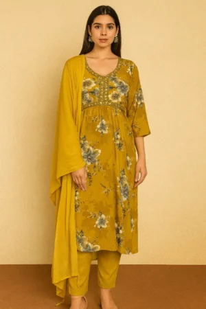 Rayon Floral Printed Kurta Pant Dupatta Set – Mustard Yellow